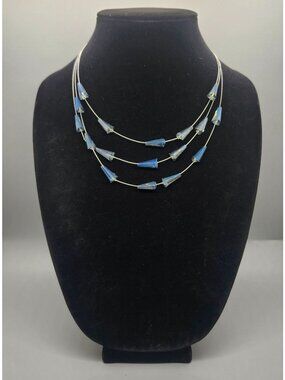 Three-Strand Necklace With Blue Glass Beads & Silver-Tone Chain Adjustable Lobst